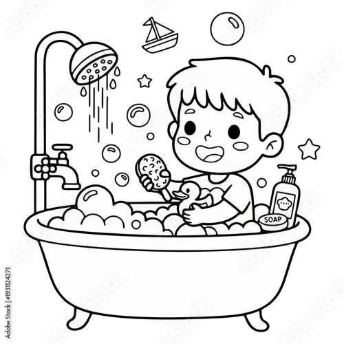 Taking bath coloring worksheet with a taking bath coloring illustration of a boy in a taking bath coloring tub with soap bubbles. vector illustration.