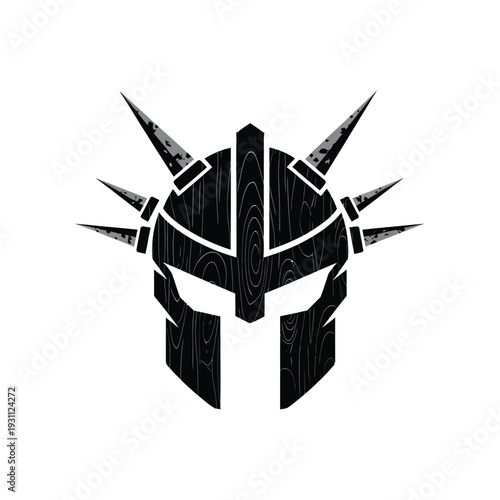 Spiked Warrior Helmet Logo with Wood Texture - Gladiator & Spartan Armor Icon