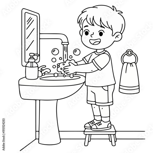 Washing hands coloring page for children showing a washing hands coloring step-by-step habit in a washing hands coloring line art style. vector illustration.