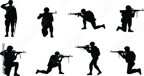 Military soldiers silhouette collection in action poses with rifles, army combat tactical kneeling aiming saluting vector illustration set