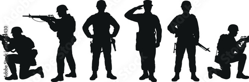 Military soldiers silhouettes set, armed forces team in different combat poses isolated on white background, army vector illustration for defense concept
