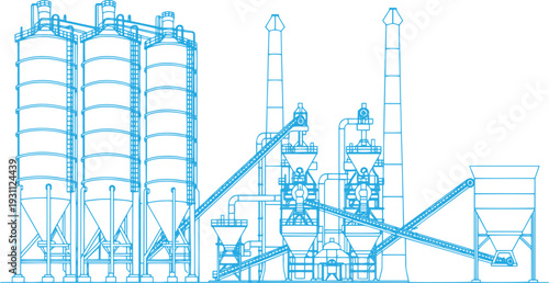 Cement Manufacturing Plant Vector Black Line Art Illustration with Silos Crushers and Belt Conveyors Heavy Industrial Machinery Cement Factory Infrastructure Engineering Industry