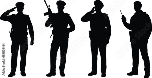 Police and military officer silhouettes saluting and holding rifle and walkie talkie, security forces uniform vector illustration collection