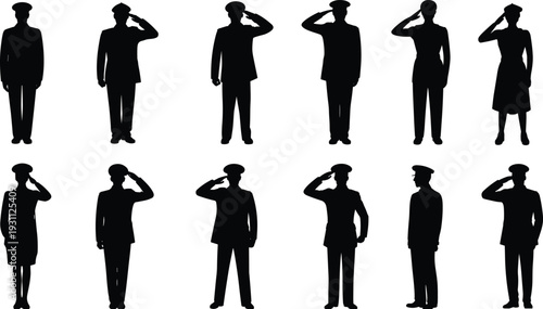 Police officer silhouettes men and women saluting in uniform, law enforcement formal respect gesture vector illustration collection