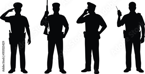 Police officer silhouettes saluting holding rifle and walkie talkie, law enforcement security uniform vector illustration set