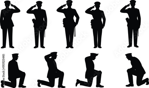 Police officer silhouettes saluting standing and kneeling poses, law enforcement uniform ceremonial respect vector illustration set
