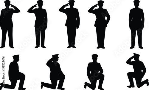 Police officer silhouettes standing and kneeling in salute poses, law enforcement uniform ceremonial respect vector illustration collection