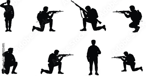 Set of military soldier silhouettes in various combat poses, aiming rifles, kneeling and standing guard, isolated black vector illustration on white background