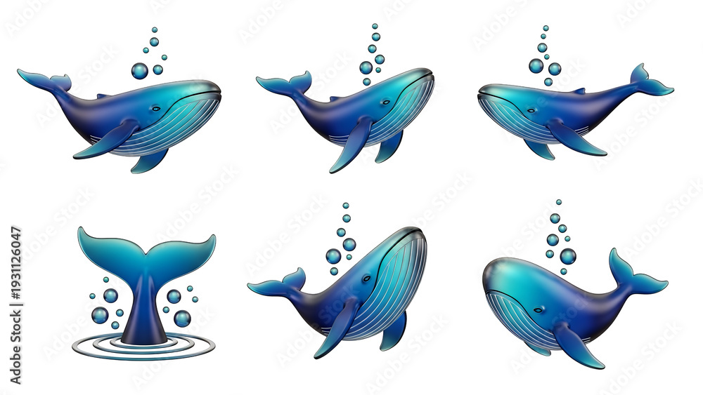 Fototapeta premium Set of Blue 3D Whales Swimming and Splashing with Bubbles on Black Background