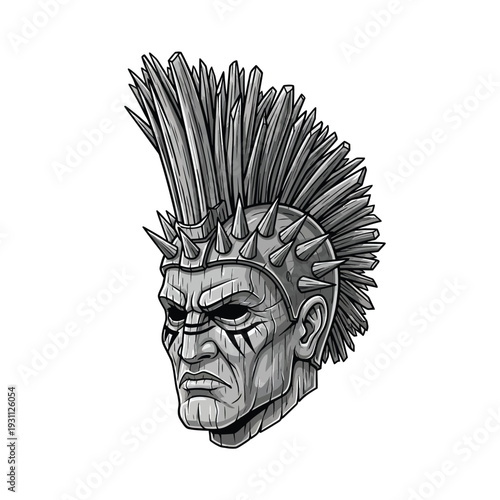 Punk Rock Head with Mohawk and Spiked Headband - Stylized Grey Illustration