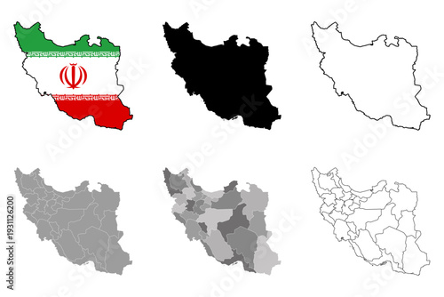 set of maps Iran with regions and flag isolated on white background