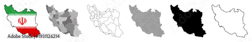 set of maps Iran with regions and flag isolated on white background