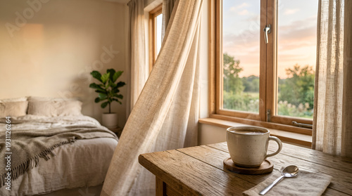 Coffee Cup on Rustic Wooden Table by Bedroom Window at Sunset