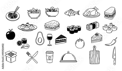 Food and Restaurant Line Icon Set with Meals, Desserts, Fruits, Drinks, and Kitchen Utensils for Menu Design, Mobile Apps, Websites, and Vector Graphics