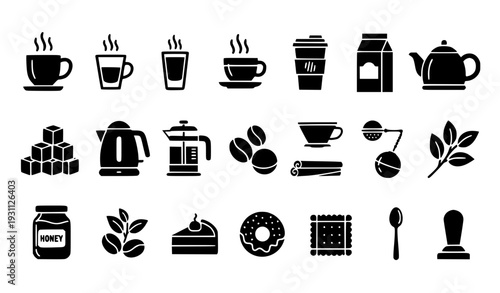 Coffee and Tea Solid Icon Set with Cups, Beans, Makers, Sugar, and Cafe Accessories for Beverage Menus, Branding, Apps, and Vector Design
