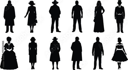 Black Silhouettes of Vintage People, Victorian Era Fashion, Classic Gentlemen in Top Hats, Elegant Women in Gowns, Retro Mid-Century Outfits, Historical Costumes