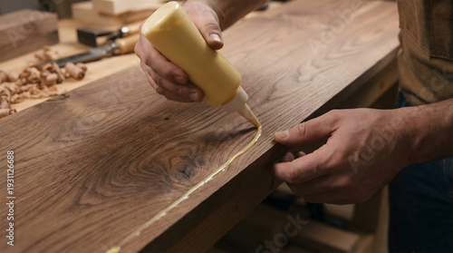 Carpenter applying wood glue to a wooden board in a workshop