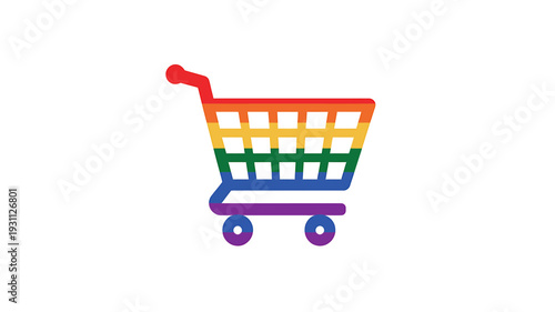 Rainbow colored shopping cart icon with wheels on white background