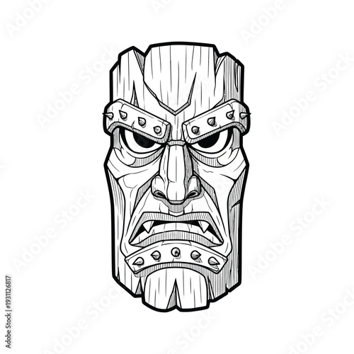 Fierce Tiki Mask Black and White Line Art Illustration - Tribal Polynesian Wood Carving Idol