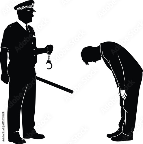 Black Silhouette of Police Officer Holding Handcuffs and Baton Standing Over Suspect, Law Enforcement, Justice System, Criminal Arrest, Security Concept