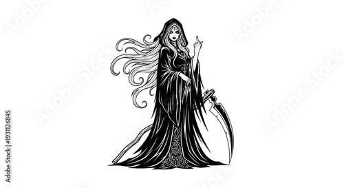 Mysterious Woman in Black Hooded Robe with Scythe, Gothic Fantasy Illustration