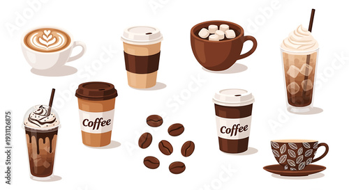 Variety of coffee drinks and beans in different cups and containers  coffee culture