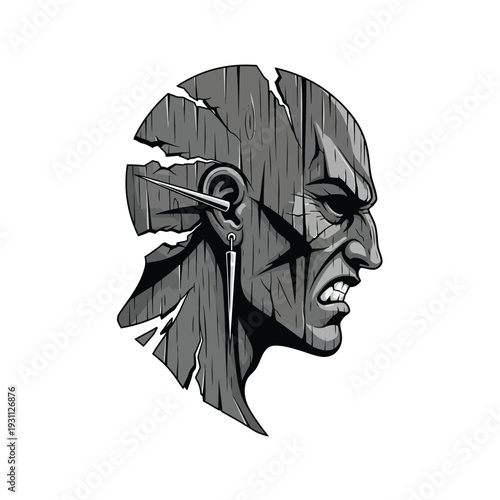 Fierce Tribal Warrior Head Profile Vector Illustration. Grayscale, cracked wood texture with aggressive expression and distinctive ear piercings, symbolizing strength and defiance.