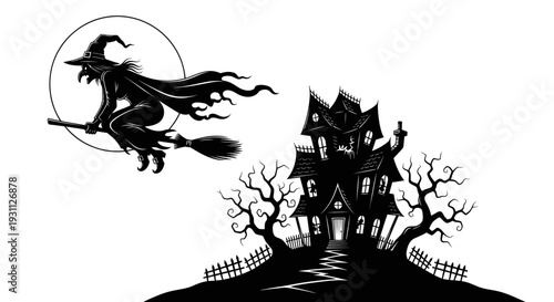 Silhouette of a witch flying on a broomstick towards a haunted house under a full moon.
