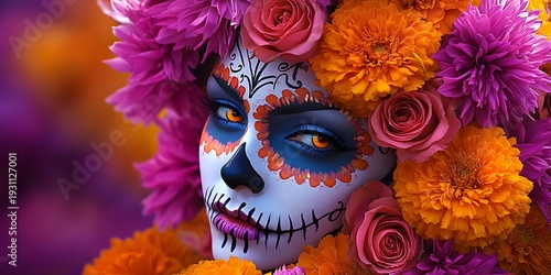 Catrina mask, marigolds.