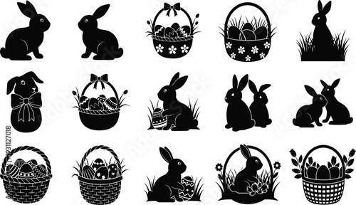 Black Silhouette Collection of Easter Bunnies, Rabbits in Grass, Wicker Baskets with Decorated Eggs, Spring Holiday Icons, Festive Celebration Elements Set