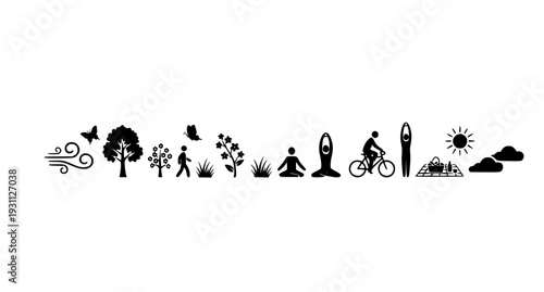 Nature and Outdoor Lifestyle Icon Strip with Trees, Wind, Sun, Walking, Yoga, Cycling, and Eco Activity Symbols for Wellness and Environmental Designs