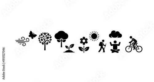 Nature and Eco Lifestyle Icon Strip with Trees, Plants, Sun, Wind, Butterfly, Hiking, Meditation, and Cycling Symbols for Wellness and Environmental Designs