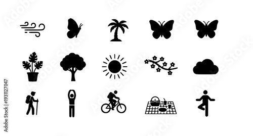 Nature and Outdoor Lifestyle Icon Set with Trees, Butterflies, Sun, Wind, Hiking, Cycling, Yoga, and Eco Friendly Symbols for Wellness and Travel Designs