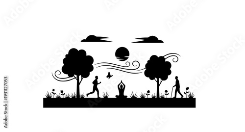 Eco Lifestyle Nature Silhouette Illustration with Trees, Wind, Sun, Walking, Running, and Meditation Figures for Environmental, Wellness, and Outdoor Designs