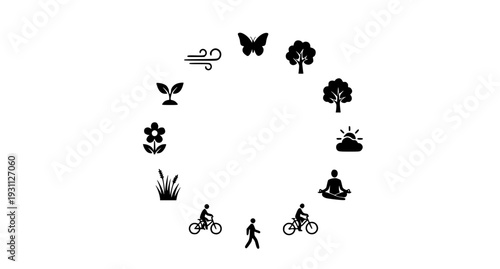 Nature and Eco Lifestyle Concept Icon Set with Plants, Trees, Butterfly, Meditation, Walking, Cycling, and Environmental Symbols in Circular Layout