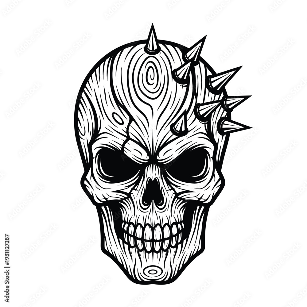 Fototapeta premium Spiked Skull Illustration with Wood Grain Texture - Edgy Black and White Vector Art for Punk, Rock & Gothic Designs