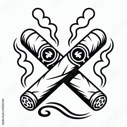 Crossed cigars with smoke illustration in black and white