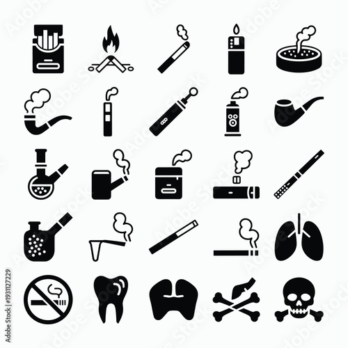 Smoking icons set with health warning symbols