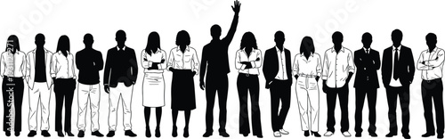 Black and white silhouette collection of business people and diverse professional office workers standing in a row isolated on white background for corporate design (25 words)