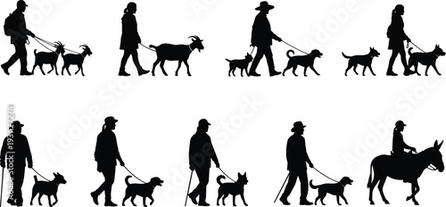 Black Silhouette Set of People Walking Dogs and Goats on Leash, Person Riding Donkey, Pet Owners and Farm Animals Illustrations
