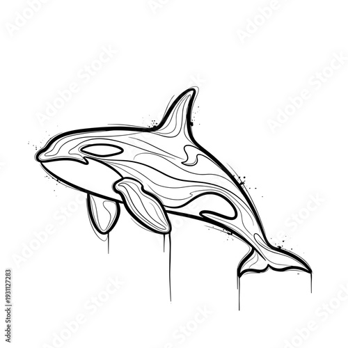 Abstract black and white line art illustration of an orca killer whale swimming