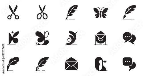 Feather quill pens, scissors, butterflies, envelopes and chat bubbles icons