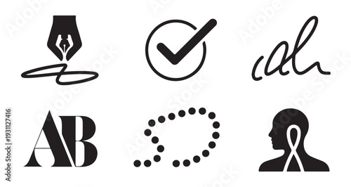 Signature, check mark, monogram and abstract dot pattern icons