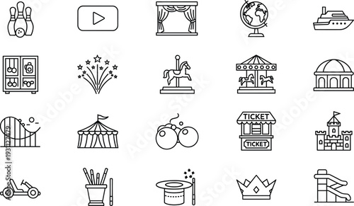 Black Line Icons of Amusement Park Attractions, Carnival Carousel, Circus Tent, Roller Coaster, Ferris Wheel, Bowling, Magic Show, Fairground Entertainment Set
