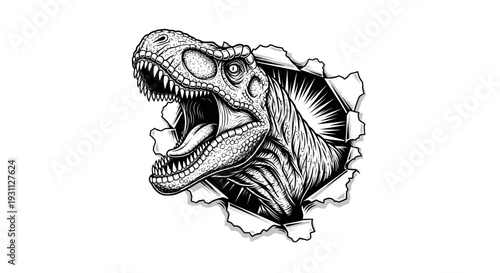 T-Rex Dinosaur Head Breaking Through Paper, Black and White Illustration