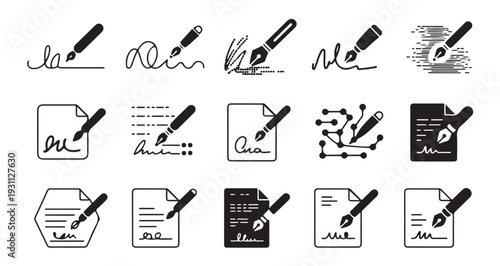 Signature and pen icon set in various styles for digital and traditional signing concepts