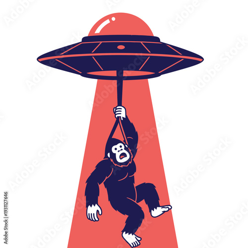 UFO Abducting Gorilla with Red Light Beam Illustration