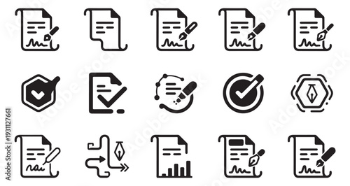 Collection of digital signing icons document with pen and check mark