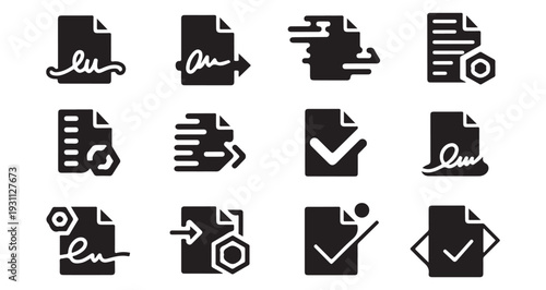 Set of contract and agreement icons document with signature and checkmark