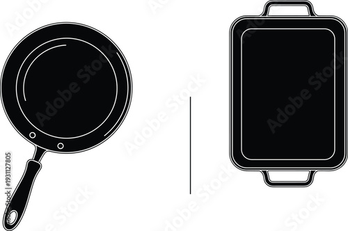 Black frying pan and baking tray silhouette set isolated on white background kitchen cookware utensils vector illustration for cooking and culinary design